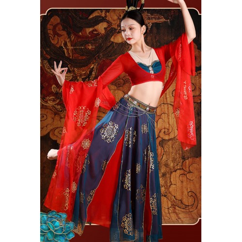 Women girls Dunhuang flying  Red fairy dance dress water sleeves Chinese dress exotic style flowing dance photo suit classical dance live performance clothes